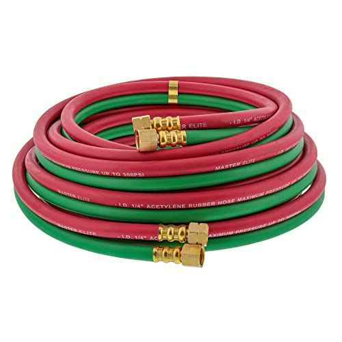 Master Elite 25' Oxygen Acetylene Hose Welding Set - Twin 1/4" B Fittings (9/16¡±-18) - Green Red, Grade R Oxy Acetylene Hoses, Cutting Torch Hose for Cutting Metal