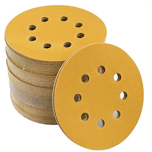 Aiyard 100-Pack 5-Inch 220 Grit Hook and Loop Sanding Discs with 8 Holes