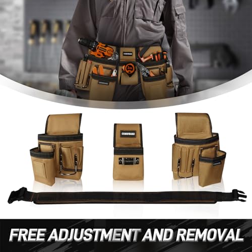 COMOWARE Tool Belt for Electricians & Construction Workers, Adjustable Heavy Duty Work Belt with Magnetic Zone, 17-Pocket Detachable System, Padded 600D Polyester Tool Belt for Men, Coffee Brown