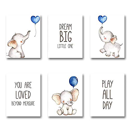 Set of 6 Unframed Baby Boy Wall Art Prints, Blue Elephant Wall Decor with Balloons for Boy's Room (8" x 10")