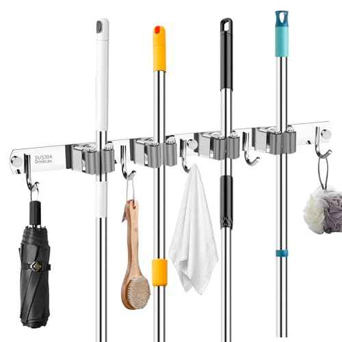Mop and Broom Holder Wall Mounted, 4 Racks and 5 Hooks Broom, Upgraded Stainless Steel Broom Holder Self Adhesive, Broom Organizer, Tools Organizer for Home Kitchen bathroom Garden balcony
