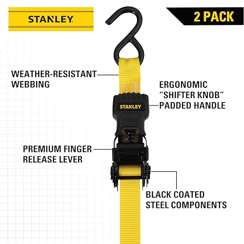 Stanley 1in x 10ft Ratchet Tie Down Straps Pack of 2, 500lb Safe Working Load