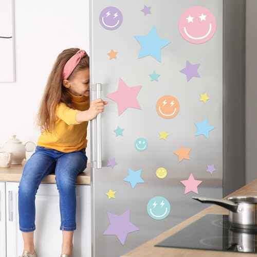Whaline 12 Sheets Preppy Wall Stickers Pastel Smile Face Star Wall Decals Aesthetic Room Mural Stickers for Party Home Nursery, 7.9 x 11.8 Inch