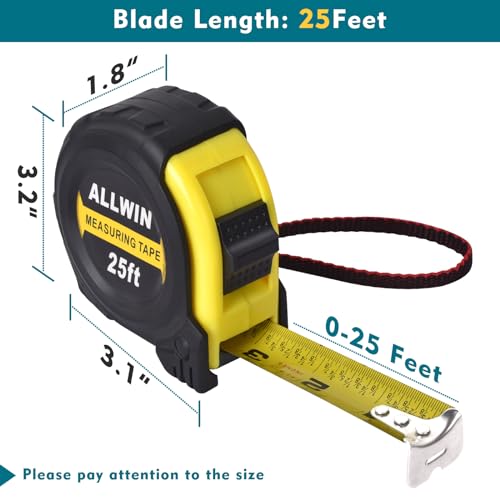 ALLWIN Yellow 25 Ft Metal Retractable Tape Measure with Fractions, Easy Read, 1-Inch Wide - 7.6 M