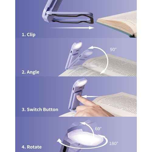 Book Reading Light, Rechargeable Clip on Booklight, Eye Caring 3 Color Temperatures & 5 Brightness Levels, Night Use for Bed, Long Lasting, Reading at Night in Bed, Romantic Purple