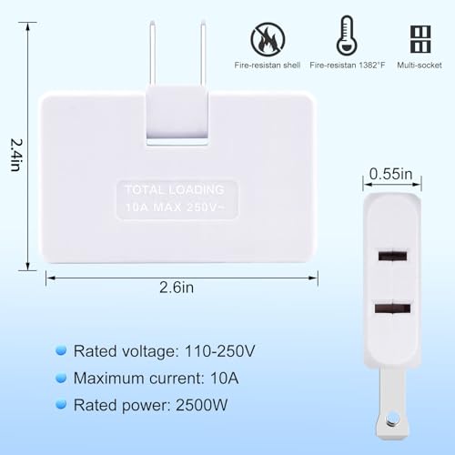 Romeda 3-Pack White Flat Wall Outlet Extenders Foldable 3-Way Adapter for Home & Travel