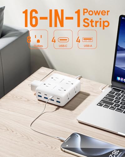 Olcorife 10 FT Flat Plug Power Strip with 8 Outlets & 8 USB Ports - 3 Sided Extension Cord for Home & Travel, White