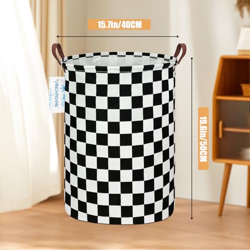LANGYASHAN Round Collapsible Laundry Basket Hamper - Boys Nursery Racing Flag, 19.7" x 15.7"