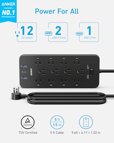 Anker Power Strip with 12 Outlets, 2100J Surge Protector, 20W USB-C, Black, 5 FT Cord