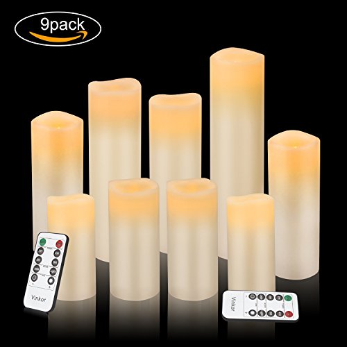 Vinkor Set of 9 Ivory Flameless Candles with Remote & Timer - Real Wax Pillar LED Decor
