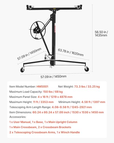 VEVOR 11ft Heavy-Duty Drywall Lift with Black Finish - 150 lbs Capacity, Adjustable & Mobile Sheetrock Hoist