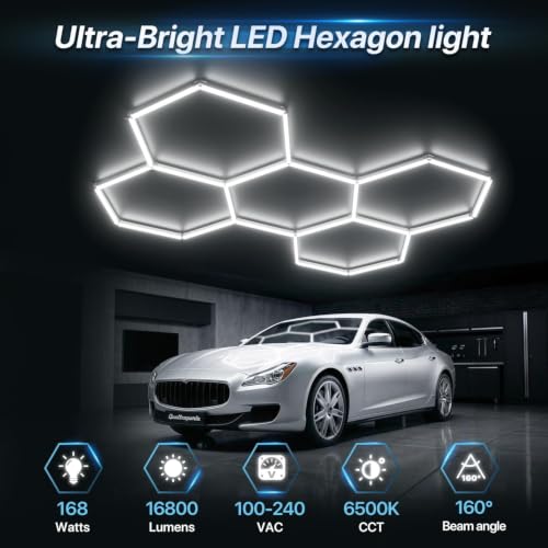 HYPERLITE Gen II Hexagon Garage Lights 168W 16800LM 5 Grids, Ultra Bright 6500K