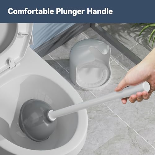 TRENTI White Toilet Plunger with Holder - Heavy Duty 5.3-Inch Drain Cleaner, Foldable Rubber Design, 19.5-Inch Ergonomic Handle, Drip-Free Bathroom Tool - Variation 1