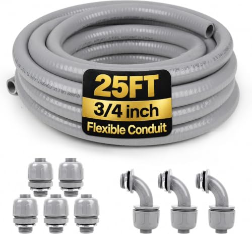 Elecoman 3/4 Inch 25ft Liquid-Tight Flexible PVC Electrical Conduit Kit with Connectors