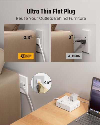 SUPERDANNY White 10FT Flat Plug Surge Protector Power Strip with USB-C & USB-A, 12 Outlets, Wall Mountable