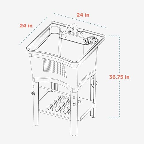 Zenna Home Utility Sink Laundry Tub with Pull-Out Faucet - All-in-One Freestanding Laundry, Garage & Outdoor Kitchen Sink, 24x24x36.75 inches, White