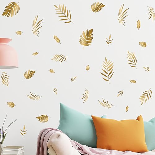 Gold Leaf Wall Decals - Peel & Stick Botanical Leaf Wall Stickers for Living Room & Bedroom