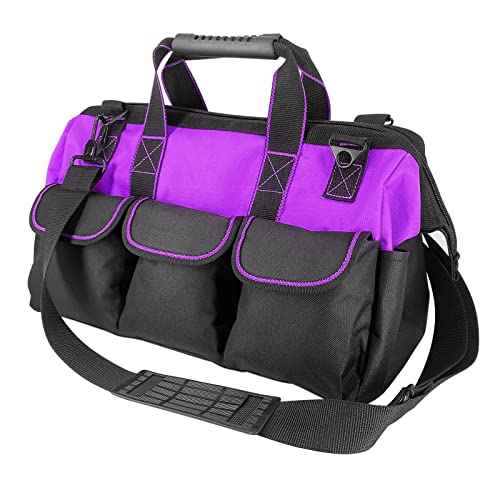 16-inch for women purple Tool Bag Non-slip feet adjustable shoulder strap 14 functional insert pockets,large capacity Men's heavy-duty toolbox,for electricians, carpentry,gardening (Purple)