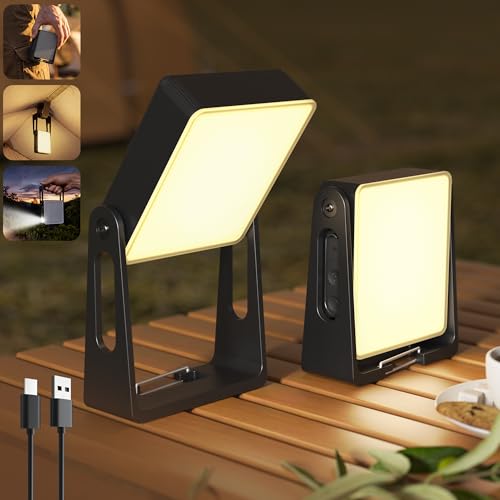PopoIron Black Rechargeable Camping Lantern 2 Pack 4000mAh Dimmable LED Emergency Light with 360° Rotatable Stand