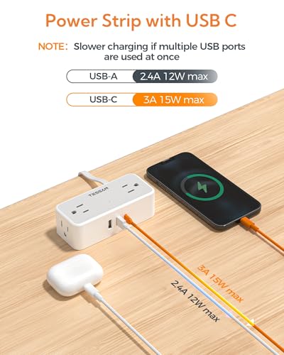TESSAN 5 FT Power Strip with USB-C & USB-A, Surge Protection, Flat Wall Plug, Gray