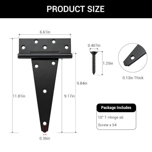 HOME MASTER HARDWARE 10-Inch Black Heavy Duty Gate Hinges 6 Pack, T-Style Outdoor Door Hardware