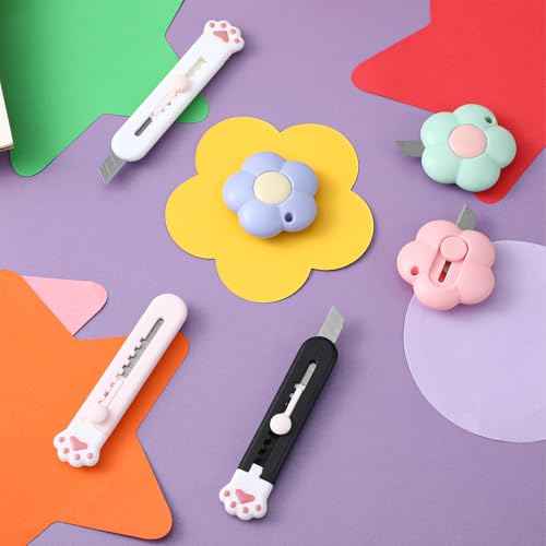 6 Pack Cute Box Cutter, Cat Paw Boxes Cutters Mini Box Cutter Utility Retractable Knives Cloud Pointed Pointed Cute Cardboard Razor Knife for Office, Home, Arts Crafts, Cartons, Cardboard, Paper
