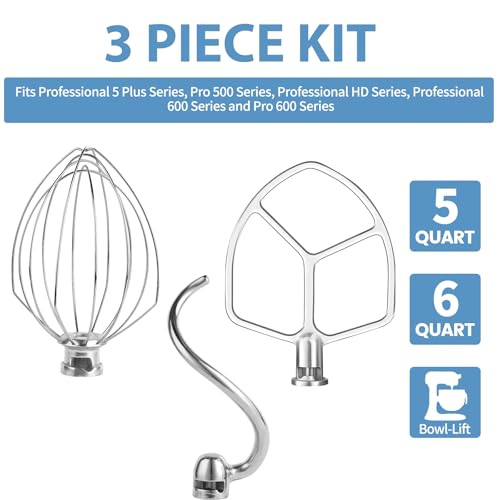 Stainless Steel 3-Piece KitchenAid Mixer Attachment Set with Whisk, Dough Hook & Flat Beater (Fits 5 Plus/6 Qt)
