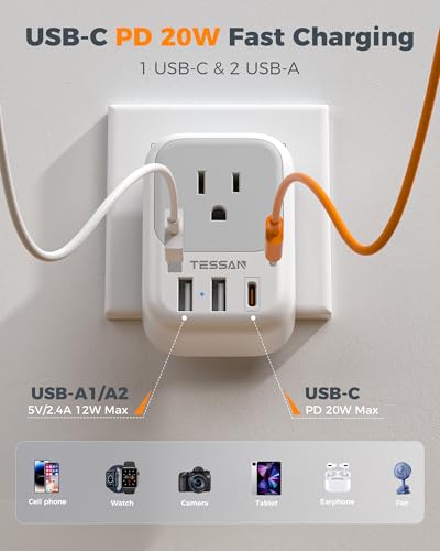 TESSAN European Travel Plug Adapter 2 Pack - White Grey, Type C Compatible