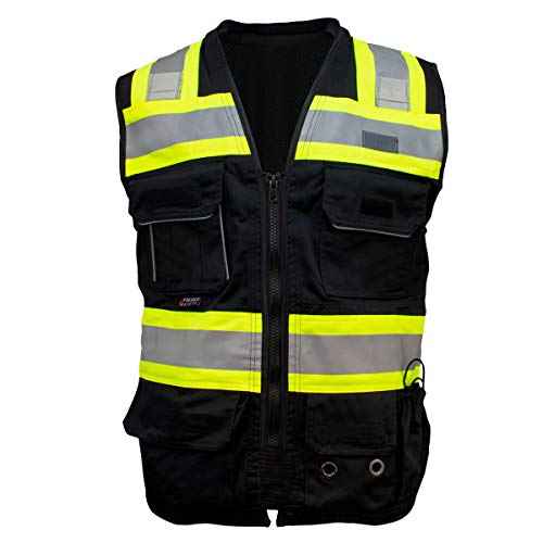 SU500B Premium Surveyors Class 1 Black Heavy Duty Vest, Tablet Pockets & Neck Padding | 100% Polyester Optimal Breathability | Contrasting Reflective | Meets ANSI Standards