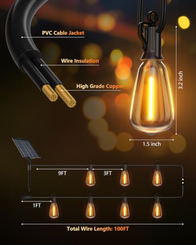Brightown 100FT Solar String Lights Outdoor Waterproof with 33 Shatterproof LED Bulbs & Remote