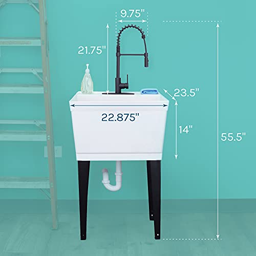 White Utility Sink with Black Pull-Down Faucet Extra Deep Laundry Tub Freestanding