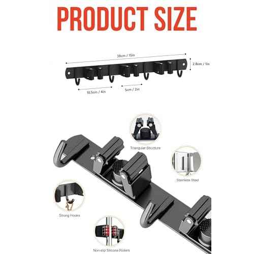 2 Pack Mop and Broom Holder Wall Mount, Upgraded Broom Hanger Wall Mount, Stainless Steel Broom Organizer for Closet Garage Laundry Room Kitchen Wall Decor Black 3R4H