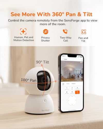 SensForge Wired 2.5K Indoor Pan-Tilt Security Camera with 64GB SD Card, 360° Coverage, AI Human & Pet Detection, Two-Way Audio, No Subscription, White