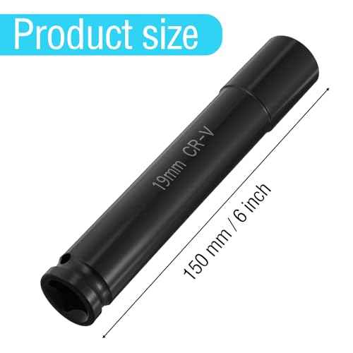 6-Point Metric Size Socket Tool, 1/2" Drive by 19mm Deep Impact Socket, Heat-Treated CR-V Steel 6" Length, 6-Point Metric Size (19mm,Black)