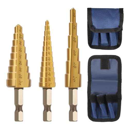 Step Drill Bit Set, 3PCS HSS Titanium Coated High Speed Steel Step Bits Covering 28 Sizes (1/8"-3/4") for Wood, Plastic, Sheet Metal with Portable Bag, Nice Gift for DIY Lovers