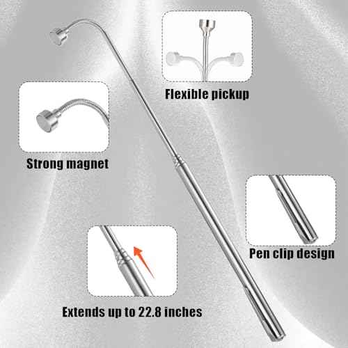 2 PCS 5 Lbs Flexible Magnetic Pickup Tool Set, 26 Inch Telescoping Magnetic Grabbers Magnetic Pick-Up Tool with Pocket Clip, Spring Bendable Extension Pick up Magnetic Extension Tool for Men, Birthday