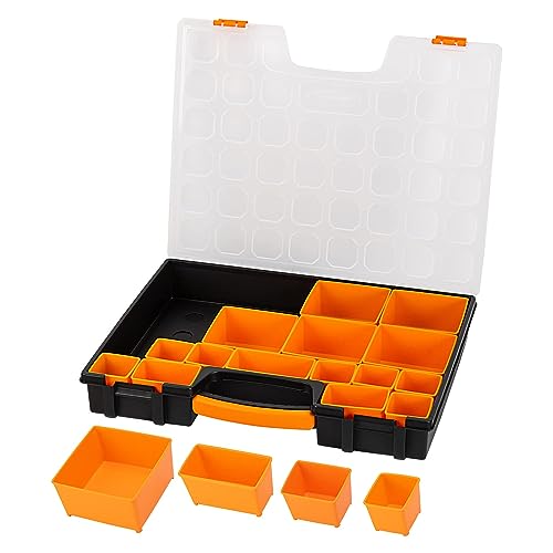 Amazon Basics 19-Compartment Portable Small Parts Organizer, 16.5 x 13.2 x 2.4 in, Black/Orange