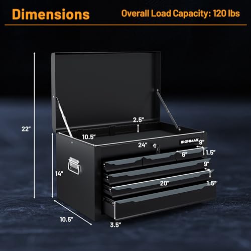 Goplus 24" 6-Drawer Steel Tool Chest with Top Tray – Black, Automatic Lock
