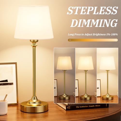Kakanuo White and Gold Cordless Table Lamp with Rechargeable Battery, 15.8in Empire Shade