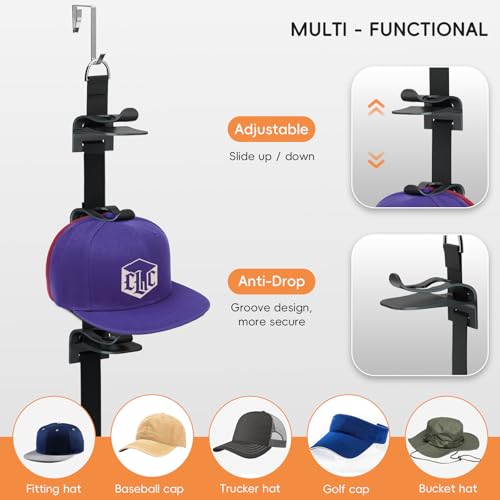 Over-the-Door Hat Rack Organizer for 40 Caps, Black, 2 Strap-Up