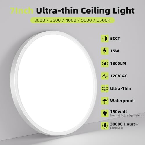 Hepside 7-Inch Flush Mount Ceiling Light with 5 Color Temperatures, White - 1 Pack