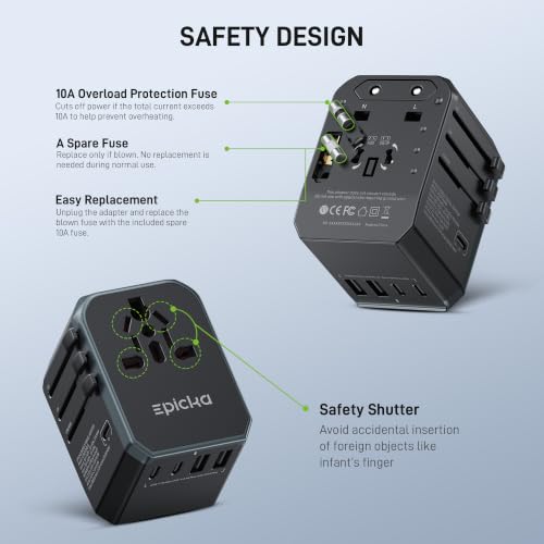 EPICKA Grey Universal Travel Adapter with 1 AC, 3 USB-C & 2 USB-A Ports - 1 Piece