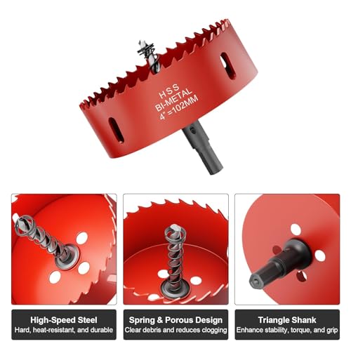 4 Inch (102mm) M42 Bi-Metal Hole Saw, Triangular Shank Hole Saw Drill Bit with Spring Tools for Wood, Plywood, Plastic, Gypsum Board, Various Thin Metal Sheets