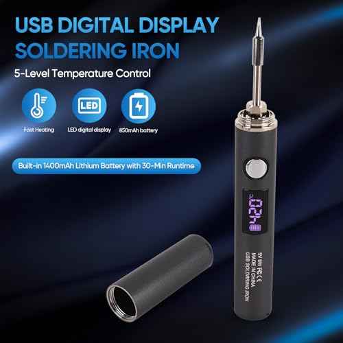 Cordless Soldering Iron Kit, Rechargeable USB-C Soldering Pen with OLED Screen, Portable Battery Powered Solder Iron for Electronics Repair, Includes 3 Tips & Lead-Free Solder Wire