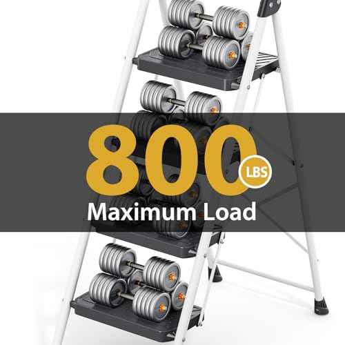 KINGRACK Sturdy Steel 4 Step Ladder, Folding Step Stool with Handrail, Anti-Slip Wide Pedals, Safe-Lock Design, Pass 800lbs Load Testing, Portable Ladder for Multi-Purpose in Home, Kitchen, White