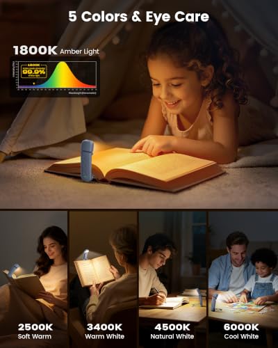 Dark Blue Glocusent 12 LED Book Light with 5 Colors & Brightness, Portable Clip-On Reading Lamp, USB-C Rechargeable, 200H Battery Life, Gift for Book Lovers