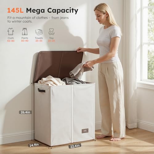 SOLEDI 145L Off-White Luxury Double Laundry Hamper with Lid & Removable Bags, 2-Compartment Collapsible Basket