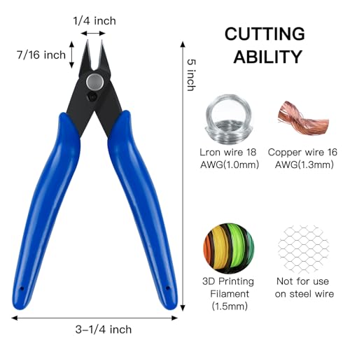HongWay 5pcs Micro Flush Cutters With Internal Spring, 5 Inches Blue - Side and Diagonal Cutters for Electronics, Heating Wire, Model Sprue, Soft Copper Wire Snips