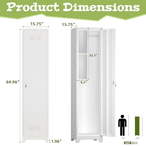 STEELIST 65"H White Slim Locking Cabinet with Shelf & Hanging Rod, 15.75" W