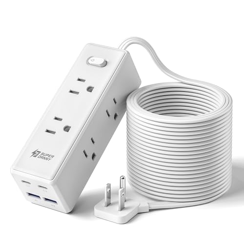 Superdanny 15ft Flat Plug Extension Cord with 10 Outlets & USB Ports - White